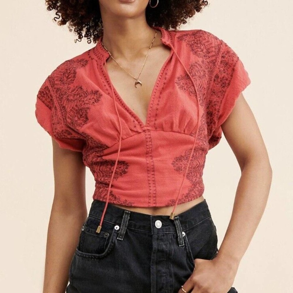 Free People Temecula Printed Embroidered Crop Blouse Top